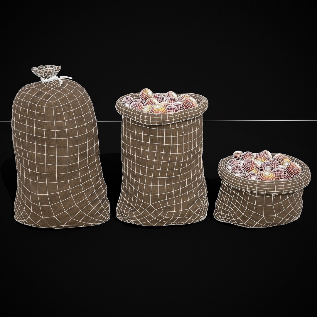 Burlap Sacks of Red Apples 3D Model – Low Poly PBR Asset, FBX, OBJ - View 3