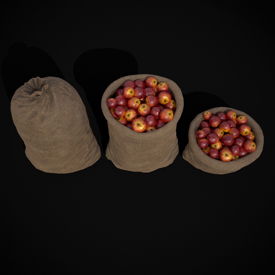 Burlap Sacks of Red Apples 3D Model – Low Poly PBR Asset, FBX, OBJ - View 4