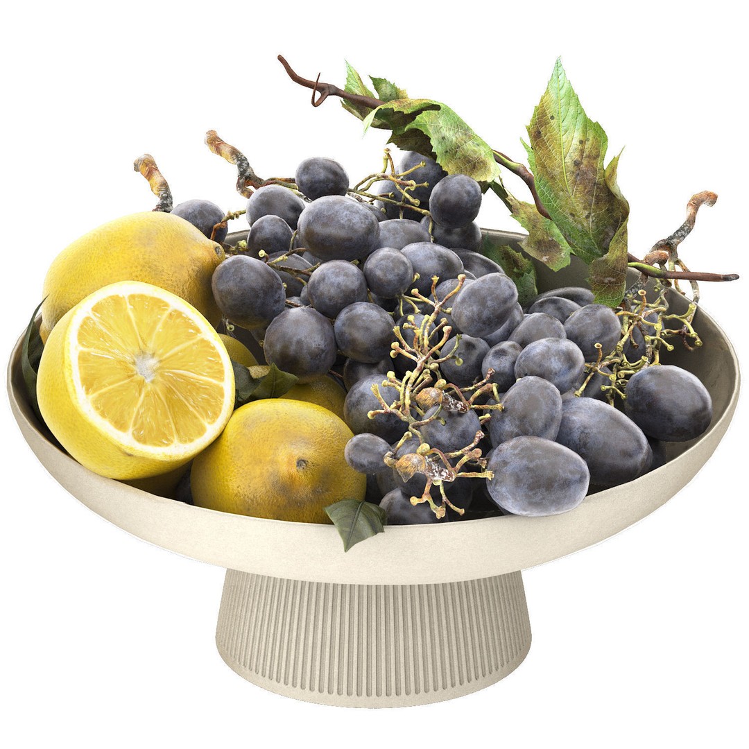 Bowl of Lemons and Black Grapes 3D Model – High Poly PBR Asset, FBX
