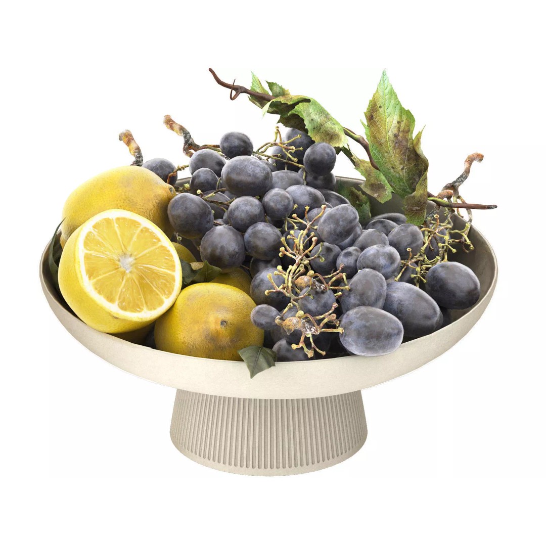Bowl of Lemons and Black Grapes 3D Model – High Poly PBR Asset, FBX - View 2