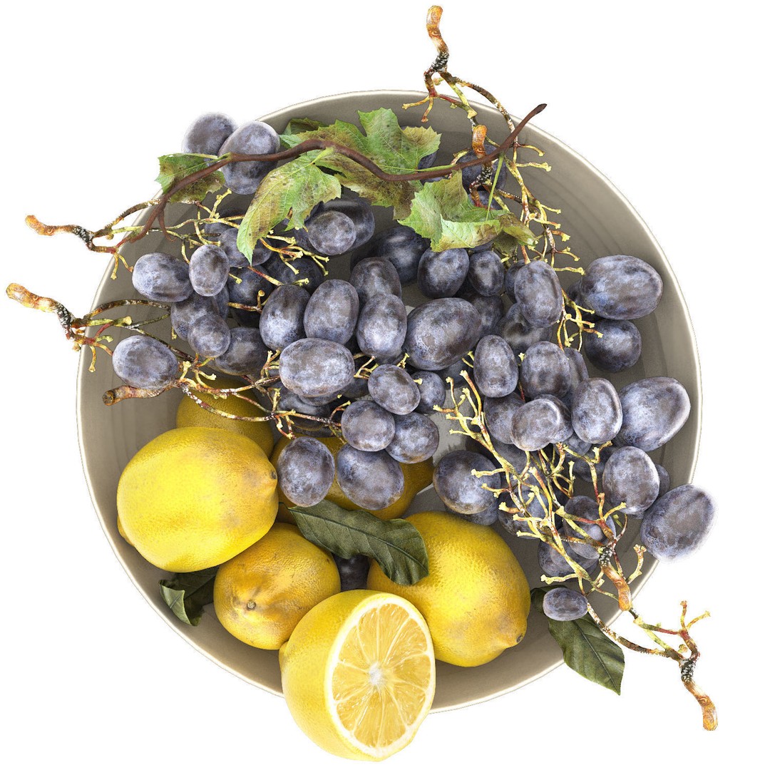 Bowl of Lemons and Black Grapes 3D Model – High Poly PBR Asset, FBX - View 3