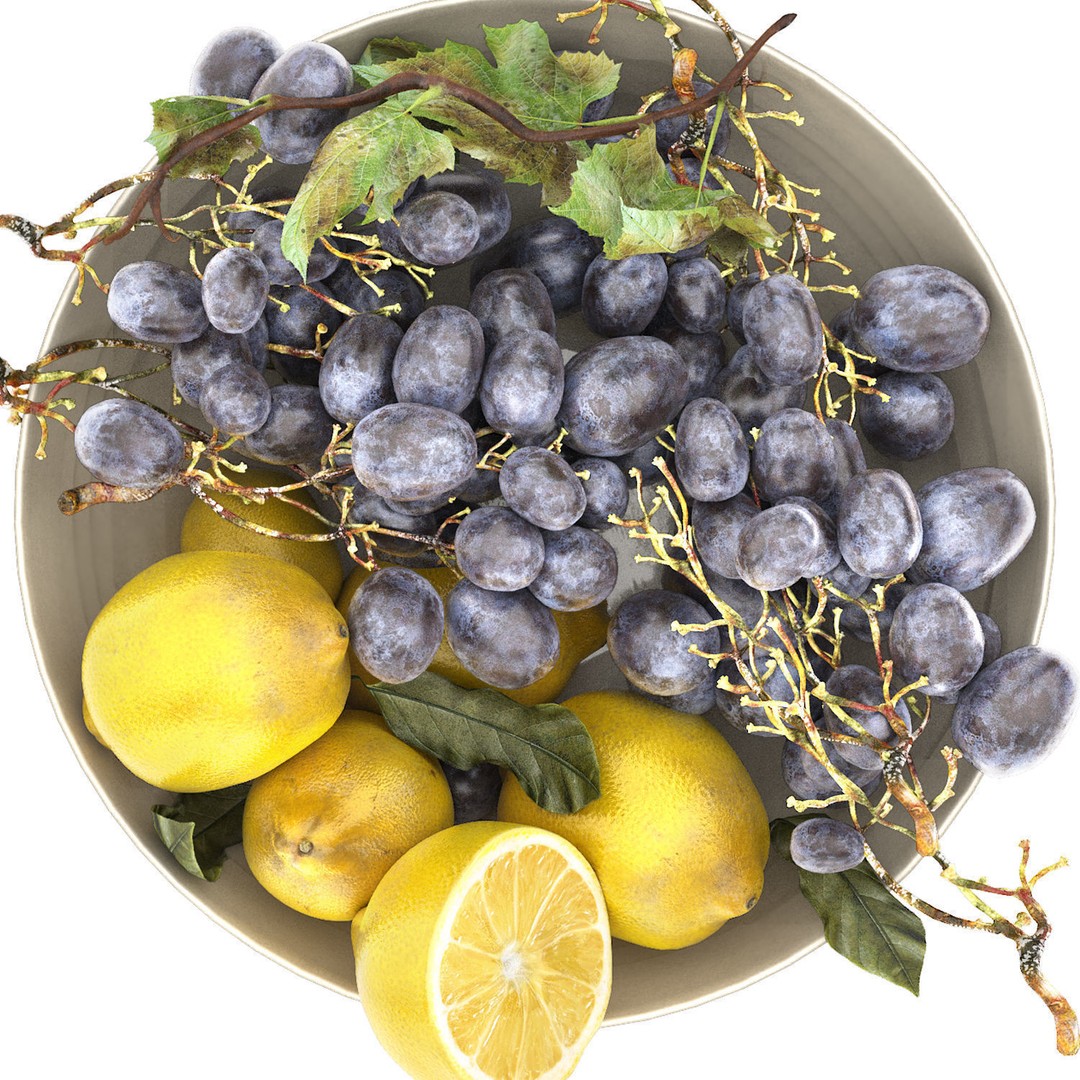 Bowl of Lemons and Black Grapes 3D Model – High Poly PBR Asset, FBX - View 4