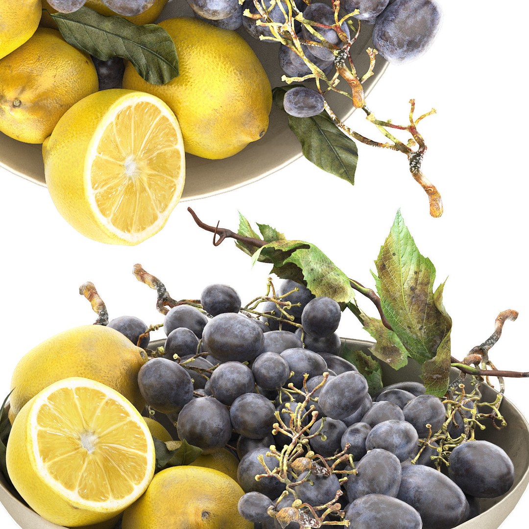 Bowl of Lemons and Black Grapes 3D Model – High Poly PBR Asset, FBX - View 5