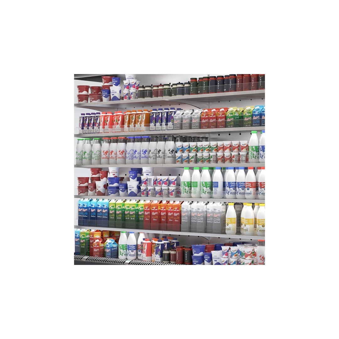 Dairy Products Rack 3D Model – Low Poly Showcase Asset, FBX, OBJ - View 3
