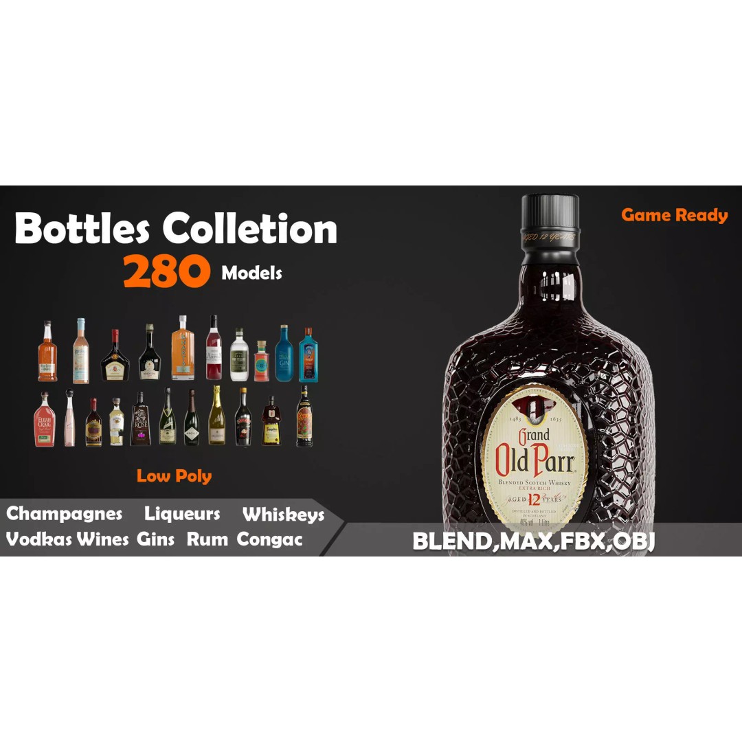 280 Drink Bottles 3D Model – Low Poly PBR Collection, FBX, OBJ - View 2