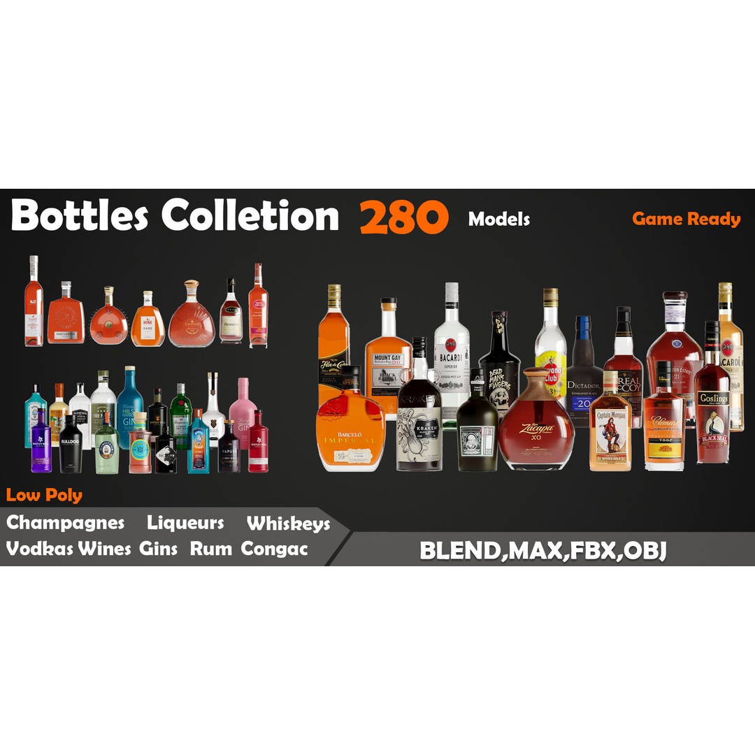 280 Drink Bottles 3D Model – Low Poly PBR Collection, FBX, OBJ - View 3
