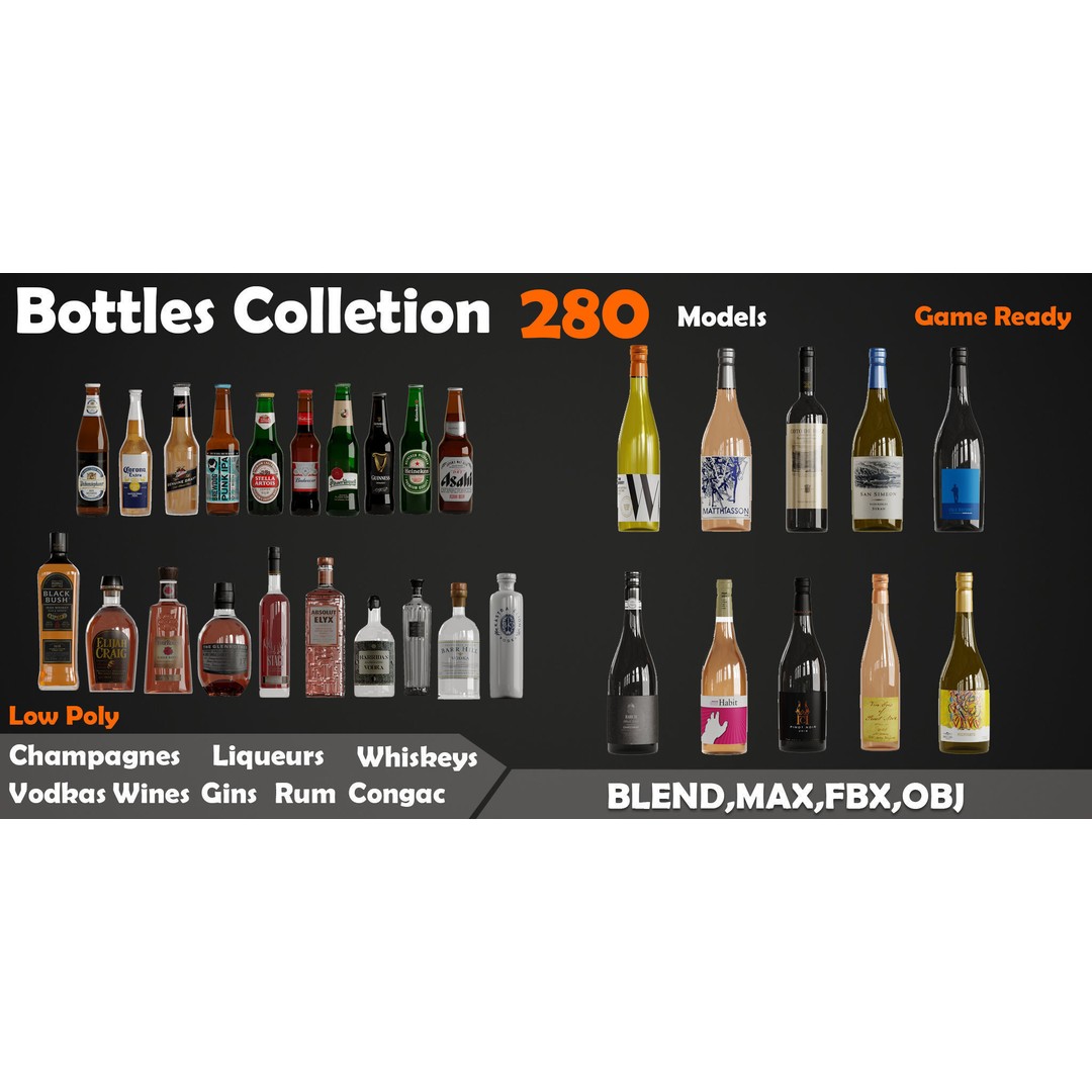 280 Drink Bottles 3D Model – Low Poly PBR Collection, FBX, OBJ - View 4