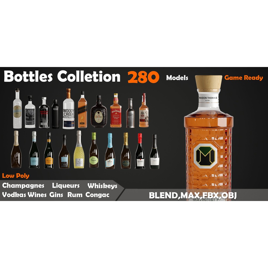 280 Drink Bottles 3D Model – Low Poly PBR Collection, FBX, OBJ - View 5