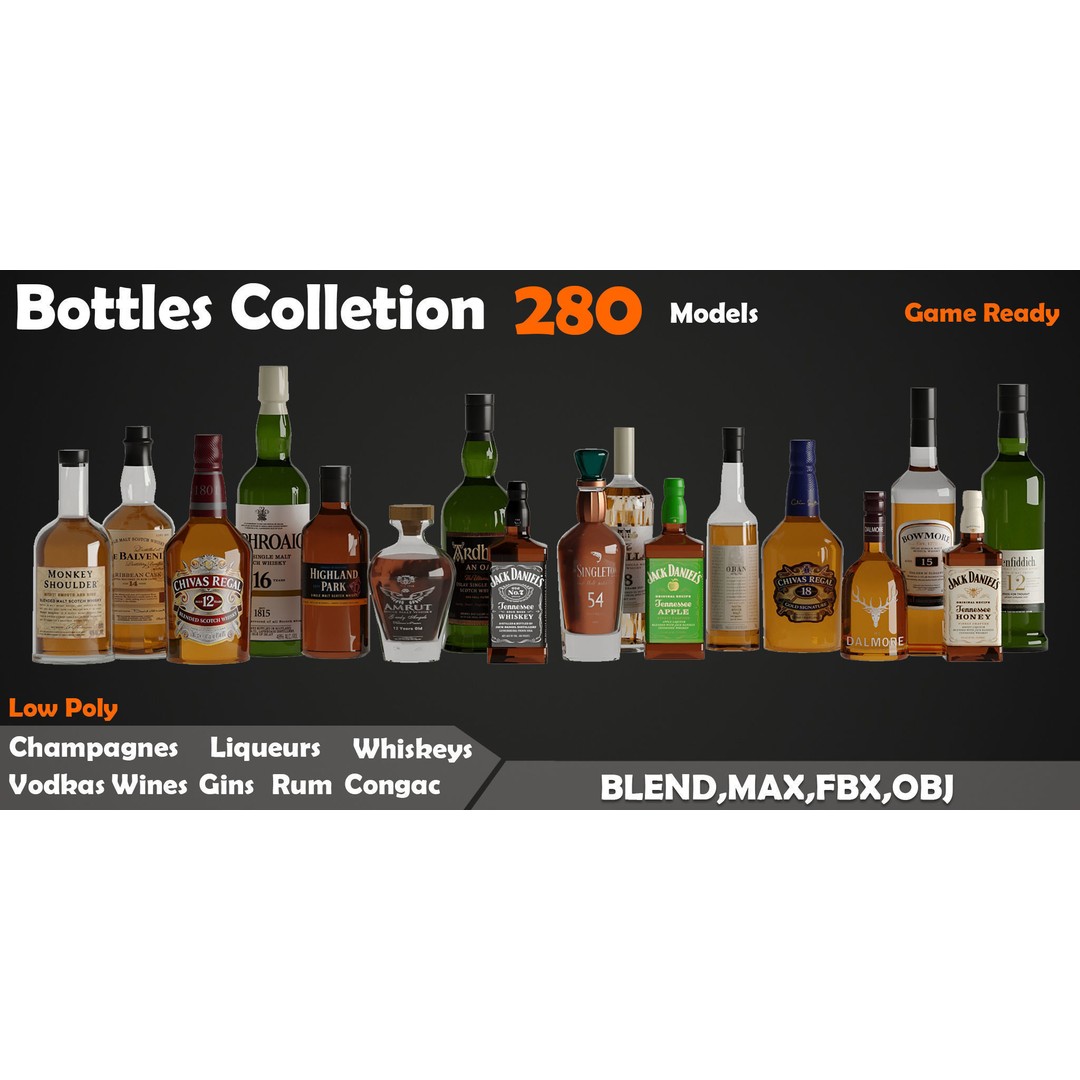 280 Drink Bottles 3D Model – Low Poly PBR Collection, FBX, OBJ - View 6