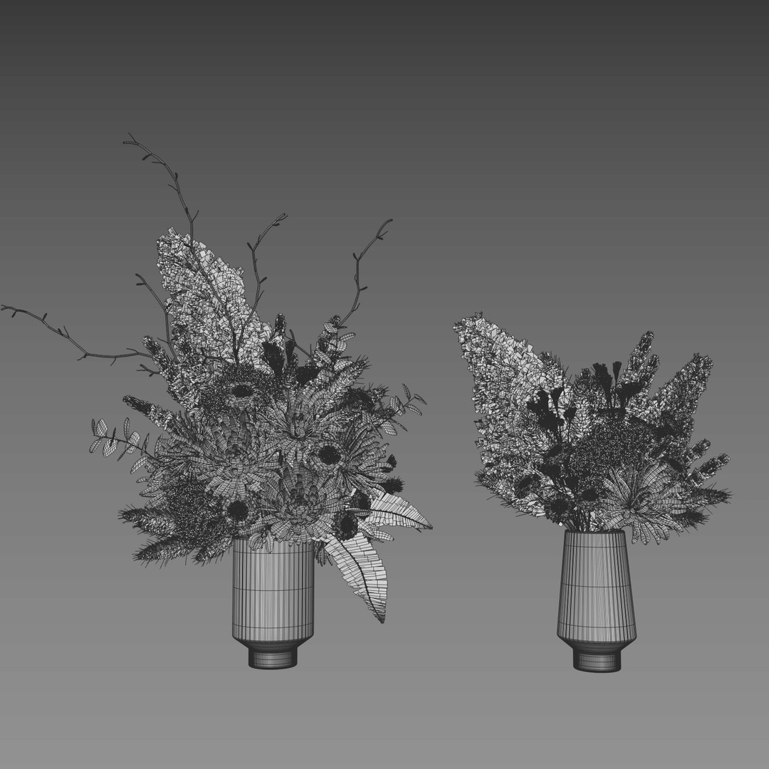 Flower Set 069 3D Model – White Pampas Chrysanthemum Fern, FBX