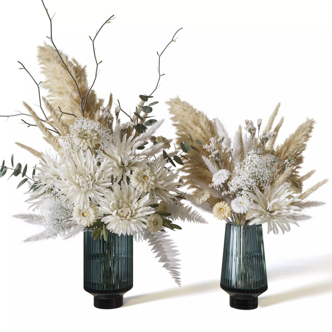 Flower Set 069 3D Model – White Pampas Chrysanthemum Fern, FBX - View 2