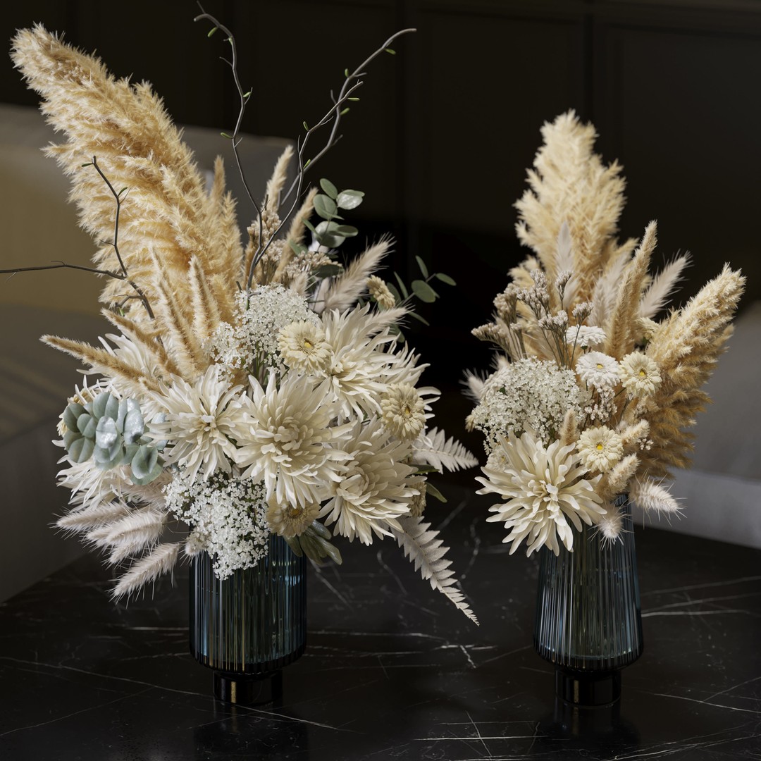 Flower Set 069 3D Model – White Pampas Chrysanthemum Fern, FBX - View 3