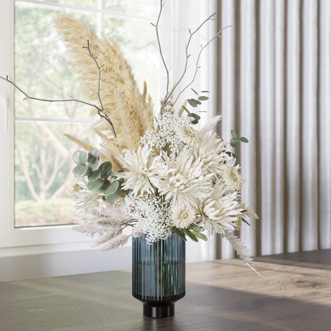 Flower Set 069 3D Model – White Pampas Chrysanthemum Fern, FBX - View 4