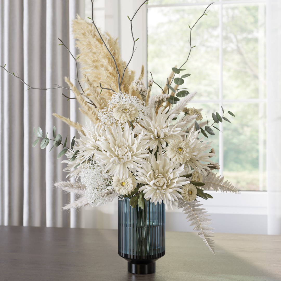 Flower Set 069 3D Model – White Pampas Chrysanthemum Fern, FBX - View 5