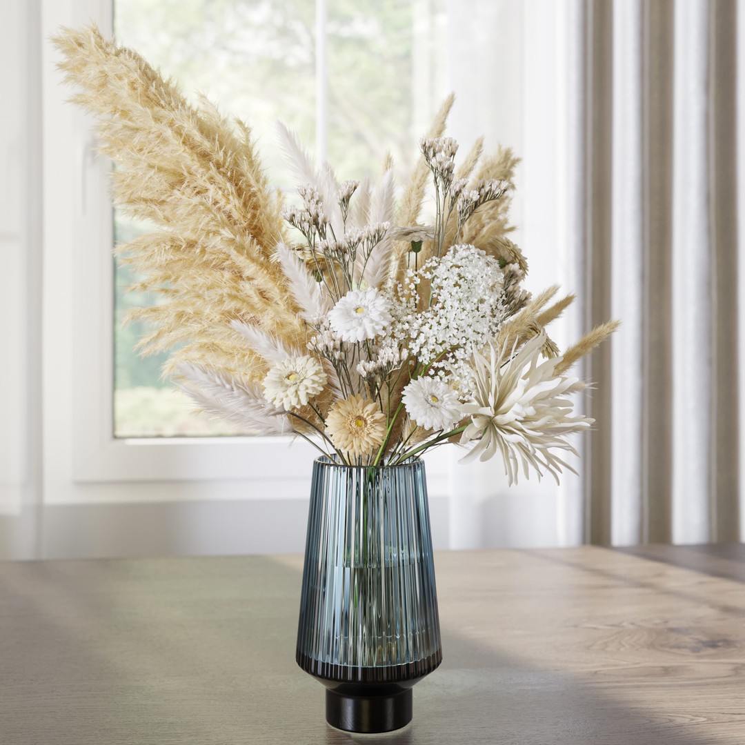Flower Set 069 3D Model – White Pampas Chrysanthemum Fern, FBX - View 6