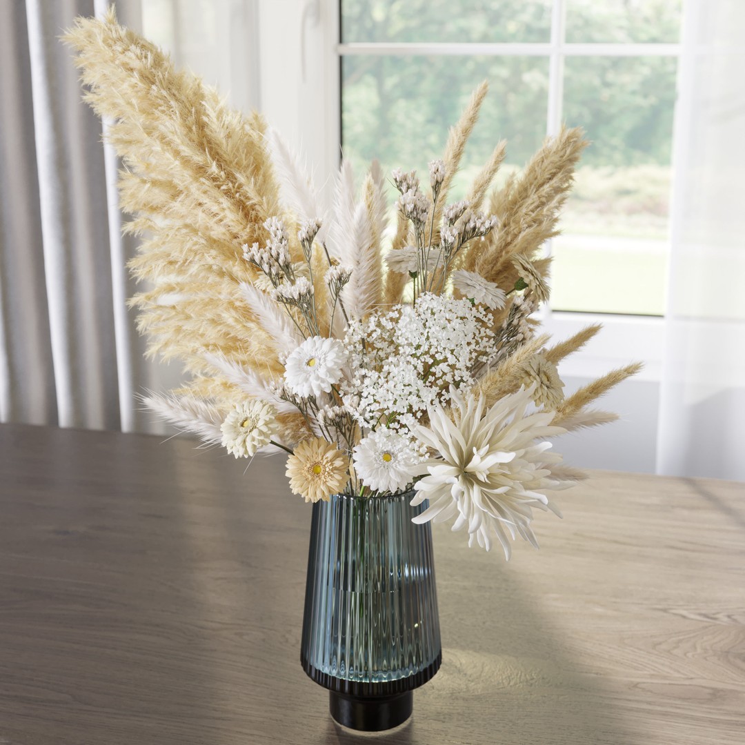 Flower Set 069 3D Model – White Pampas Chrysanthemum Fern, FBX - View 7