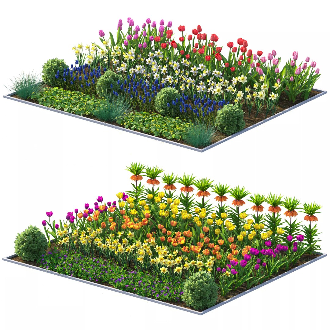 Flower Bed 3D Model – Garden Plant Asset with PBR Textures, FBX - View 3