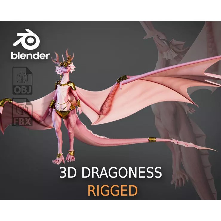 Dragoness 3D Model – Rigged Female Dragon Character, FBX - View 2