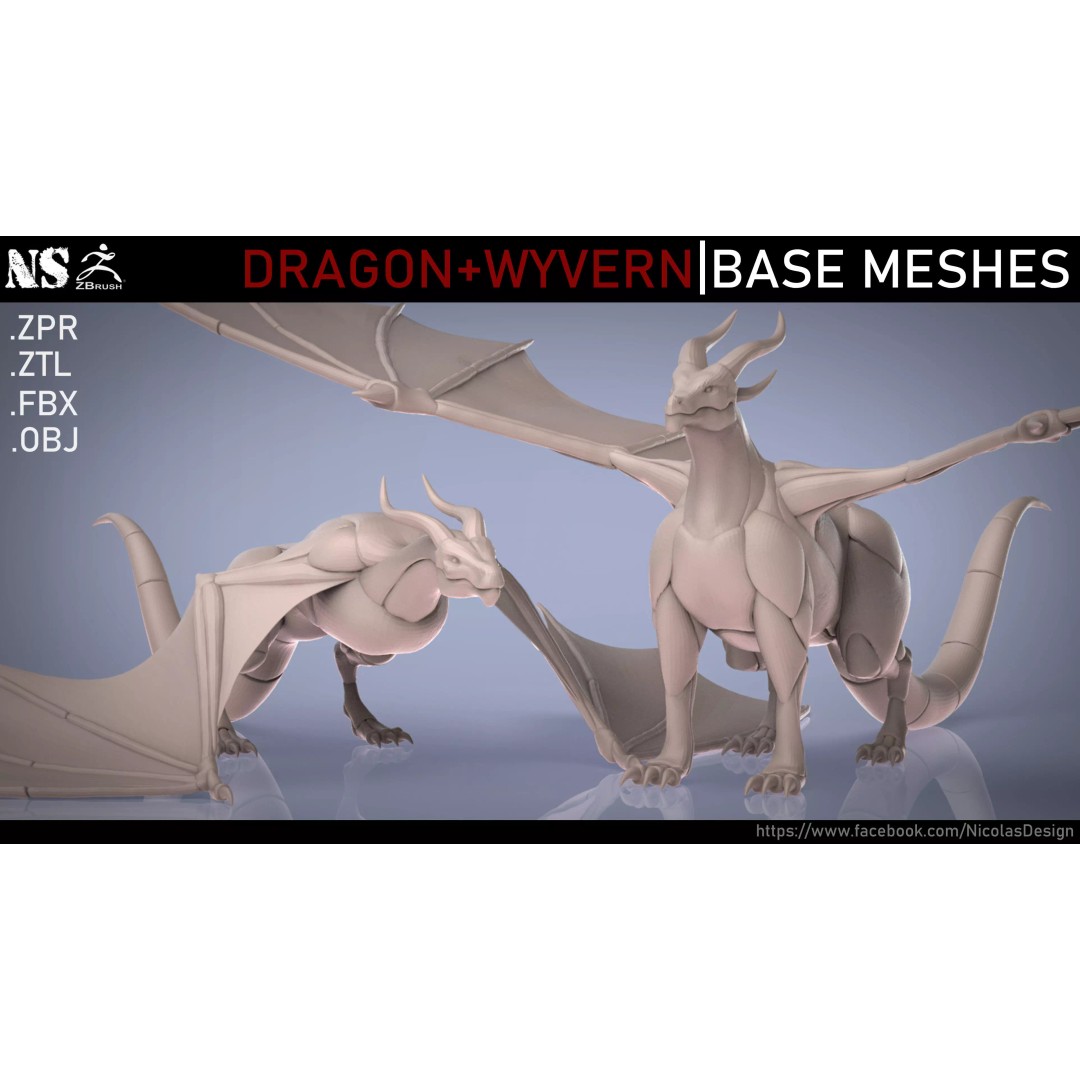 Dragon and Wyvern 3D Model – Low Poly Base Meshes, FBX & OBJ Formats - View 2