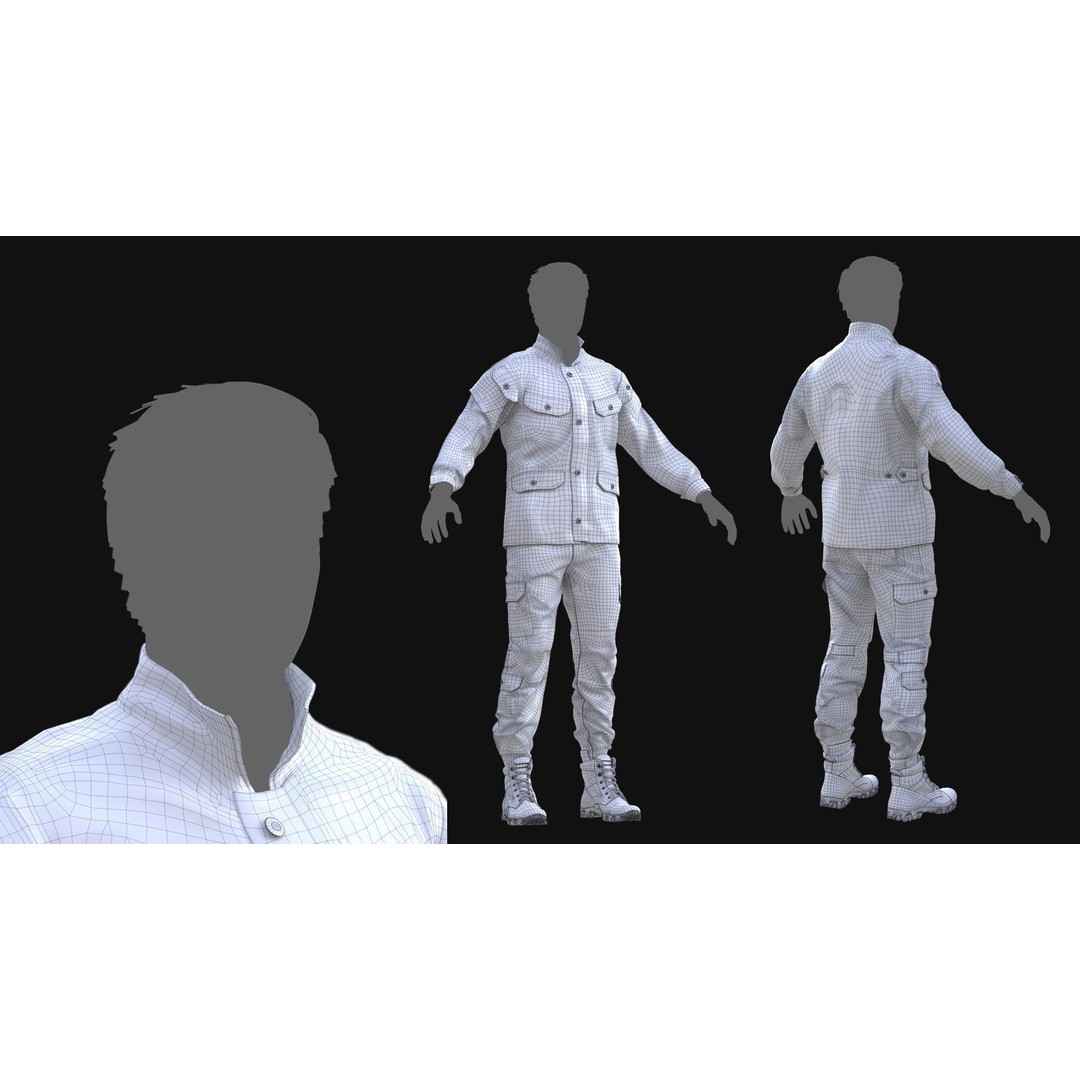 Male Military Outfit 3D Model – Low Poly Rigged Camo Uniform, FBX, Blender - View 6