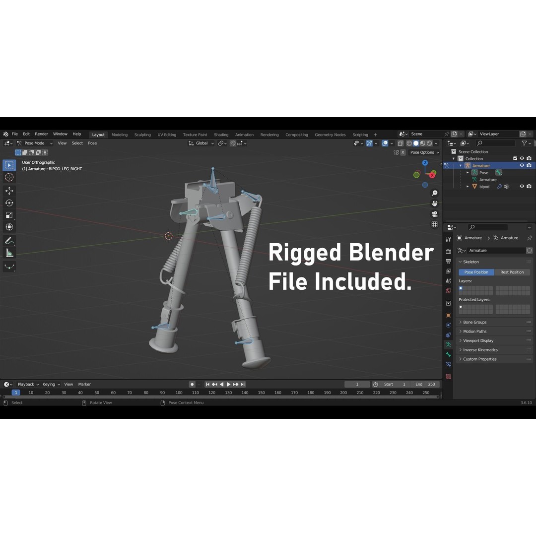 Harris Bipod 3D Model – Low Poly Game Asset, FBX & OBJ Formats - View 7