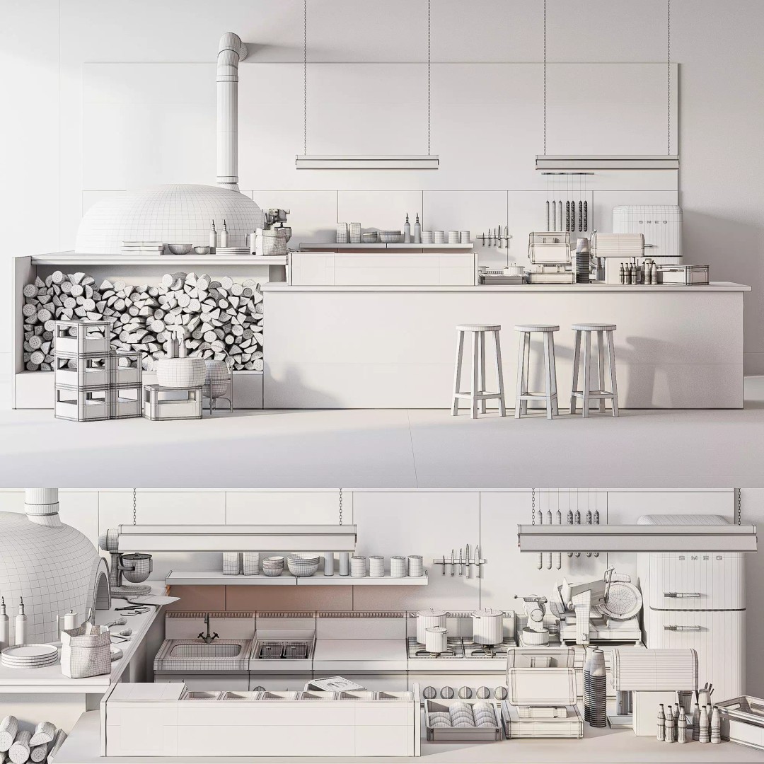 Pizzeria Equipment 3D Model – Modern Kitchen Asset, FBX, OBJ, PBR