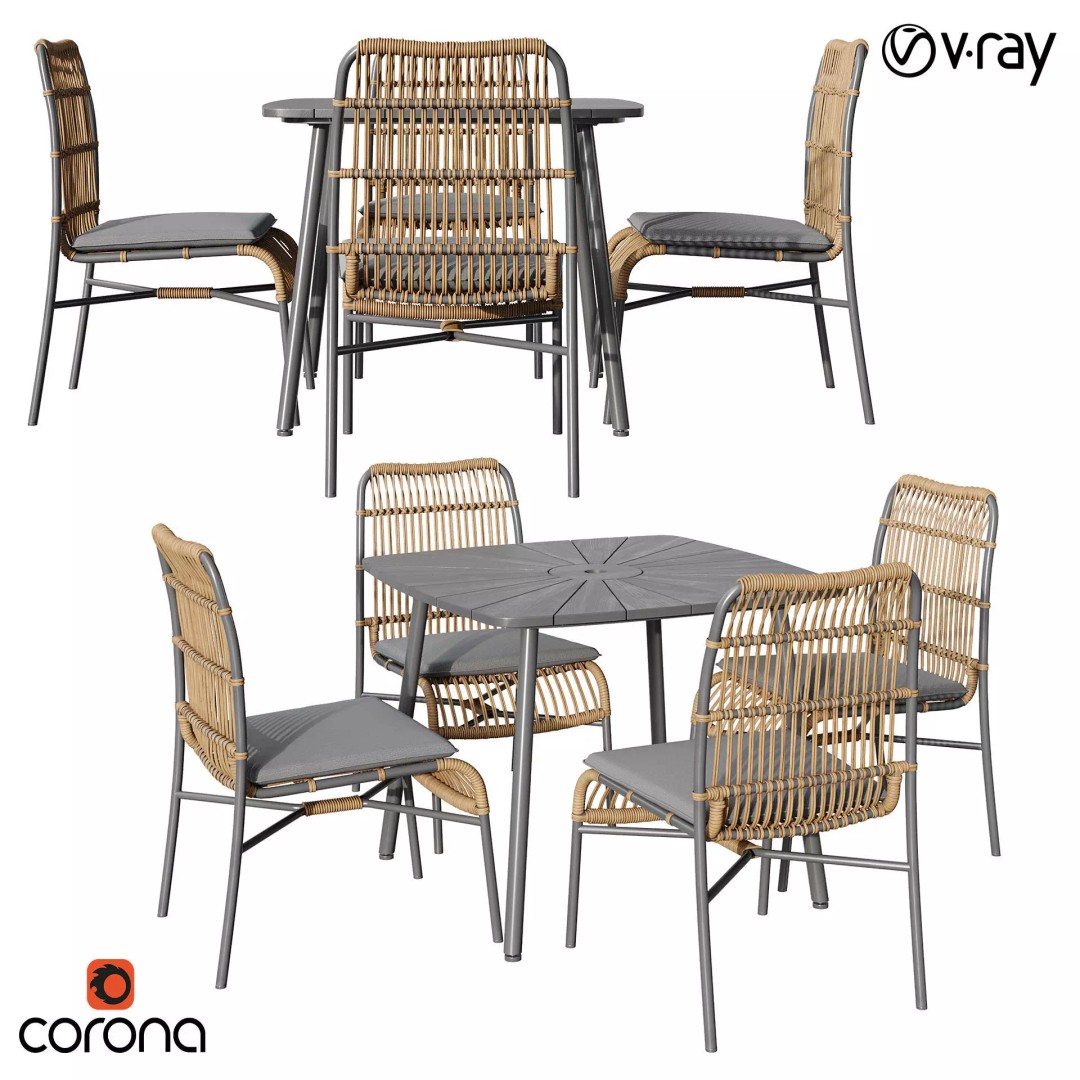 Rattan Outdoor Dining Set 3D Model – PBR Textured, FBX, OBJ - View 2