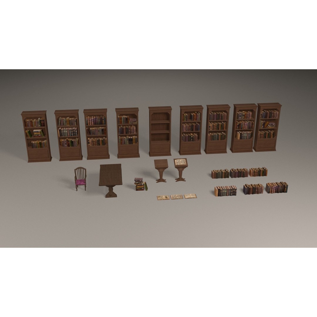 Bookcases 3D Model – Low Poly Library Furniture with Textures