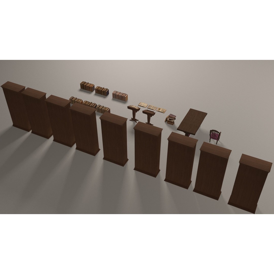 Bookcases 3D Model – Low Poly Library Furniture with Textures - View 10