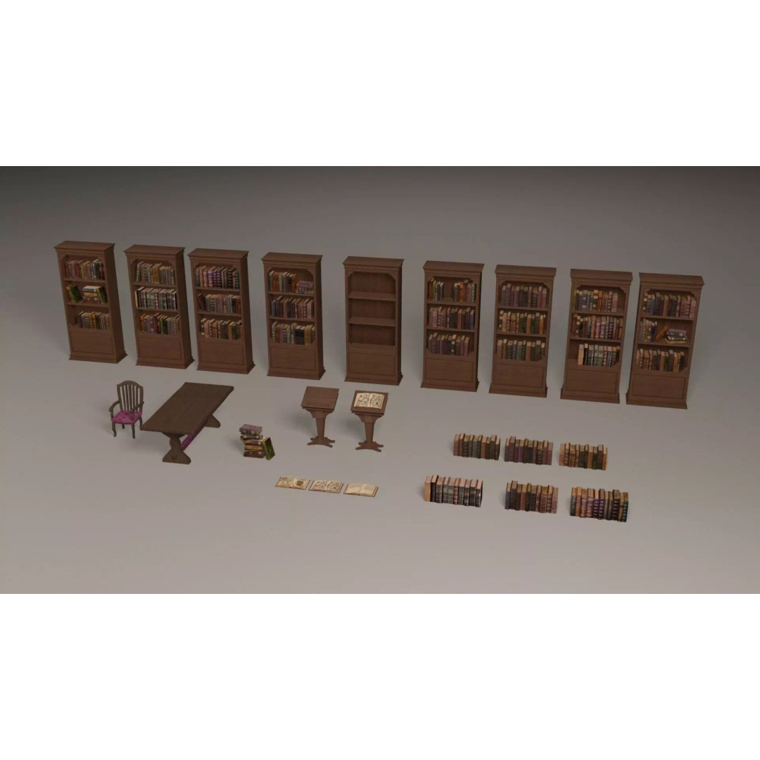 Bookcases 3D Model – Low Poly Library Furniture with Textures - View 2