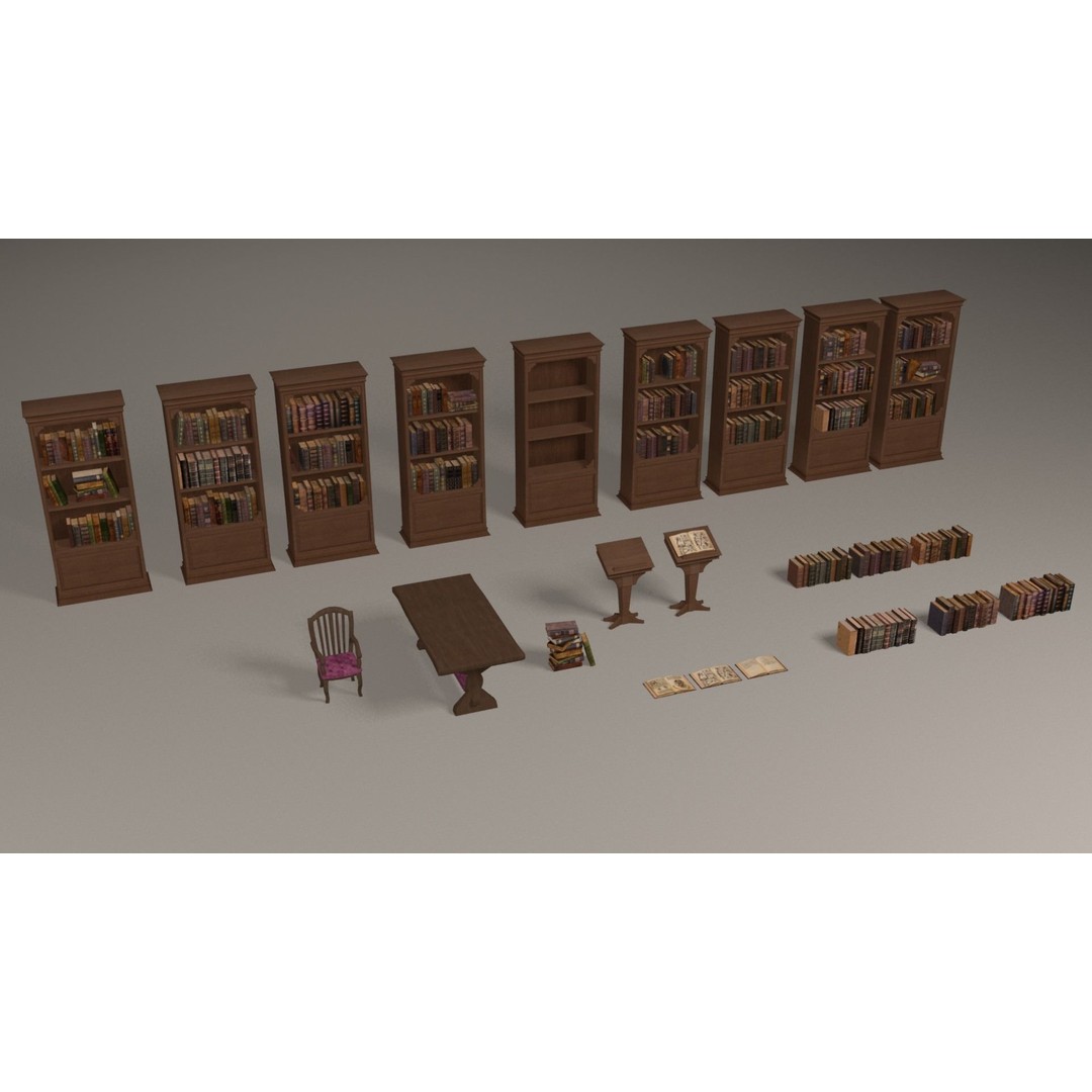 Bookcases 3D Model – Low Poly Library Furniture with Textures - View 3