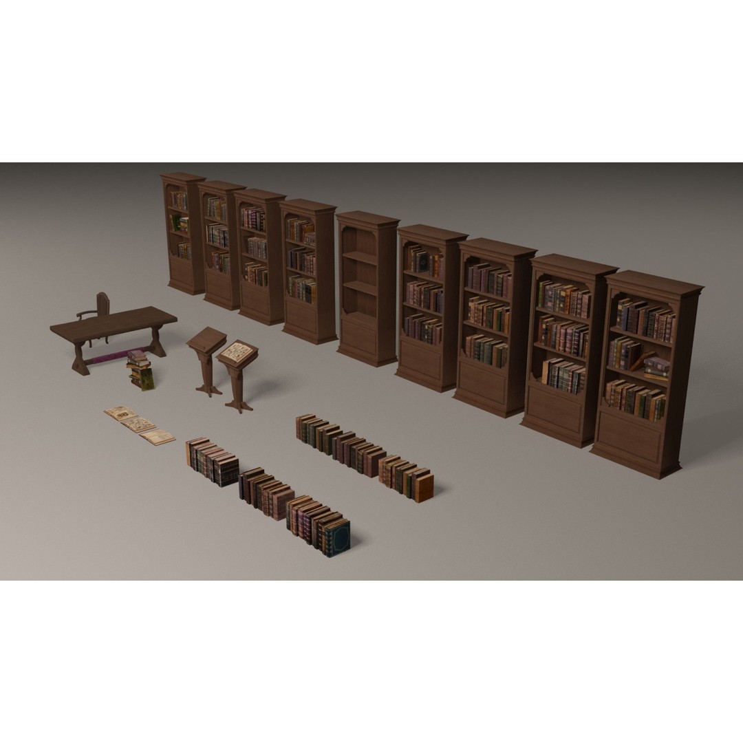 Bookcases 3D Model – Low Poly Library Furniture with Textures - View 4