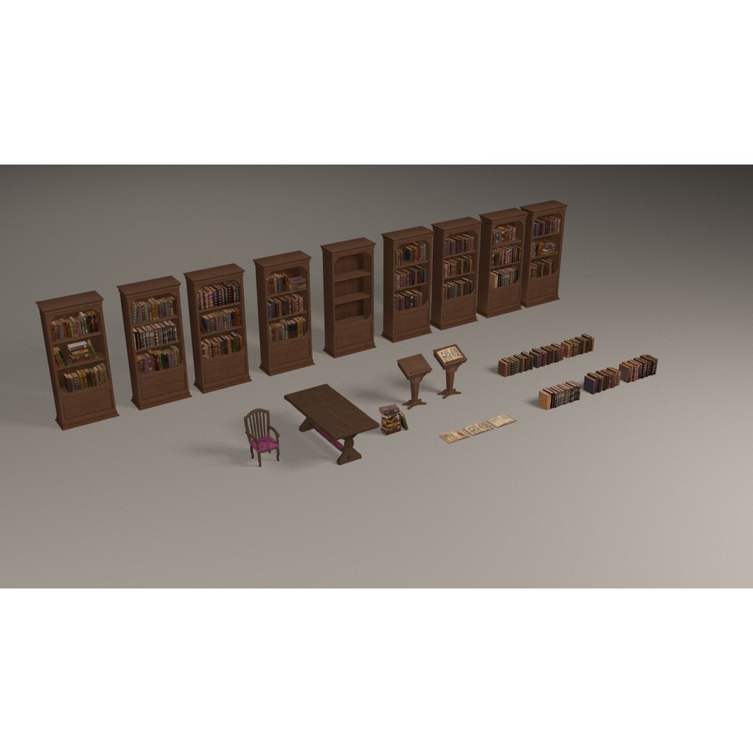 Bookcases 3D Model – Low Poly Library Furniture with Textures - View 5