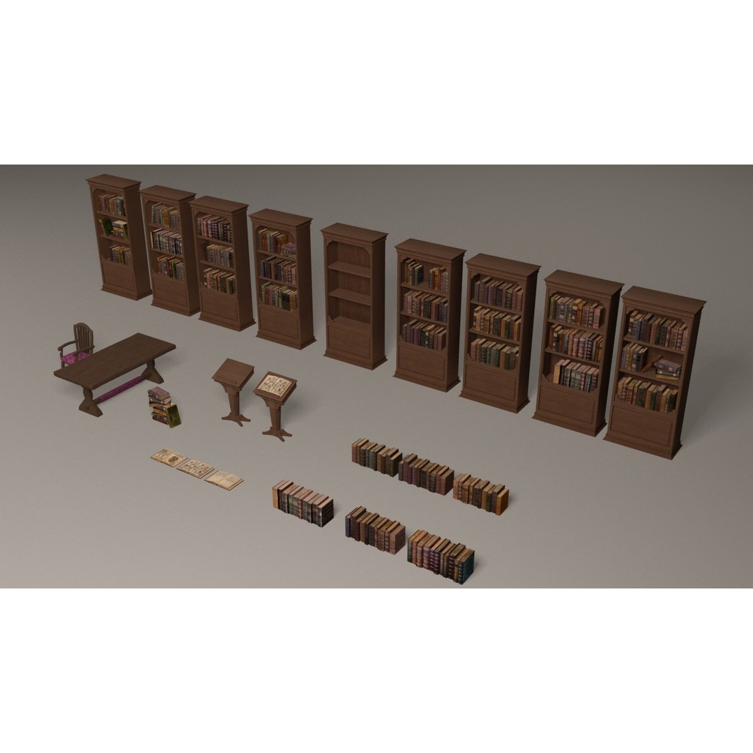Bookcases 3D Model – Low Poly Library Furniture with Textures - View 6