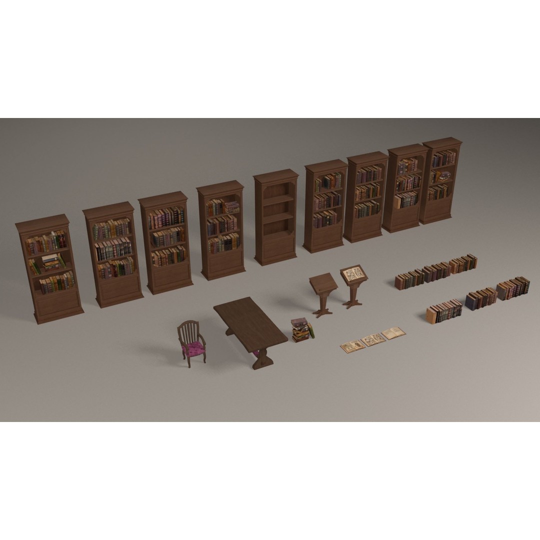 Bookcases 3D Model – Low Poly Library Furniture with Textures - View 7