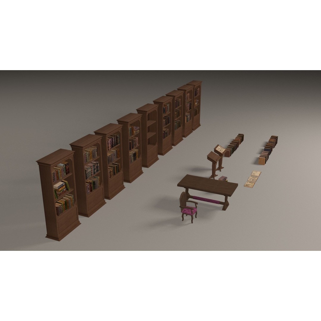 Bookcases 3D Model – Low Poly Library Furniture with Textures - View 8
