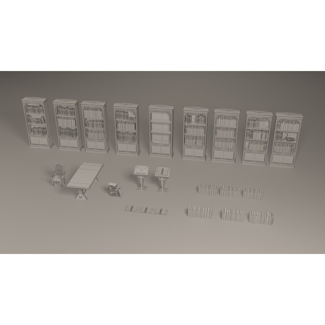 Bookcases 3D Model – Low Poly Library Furniture with Textures - View 9
