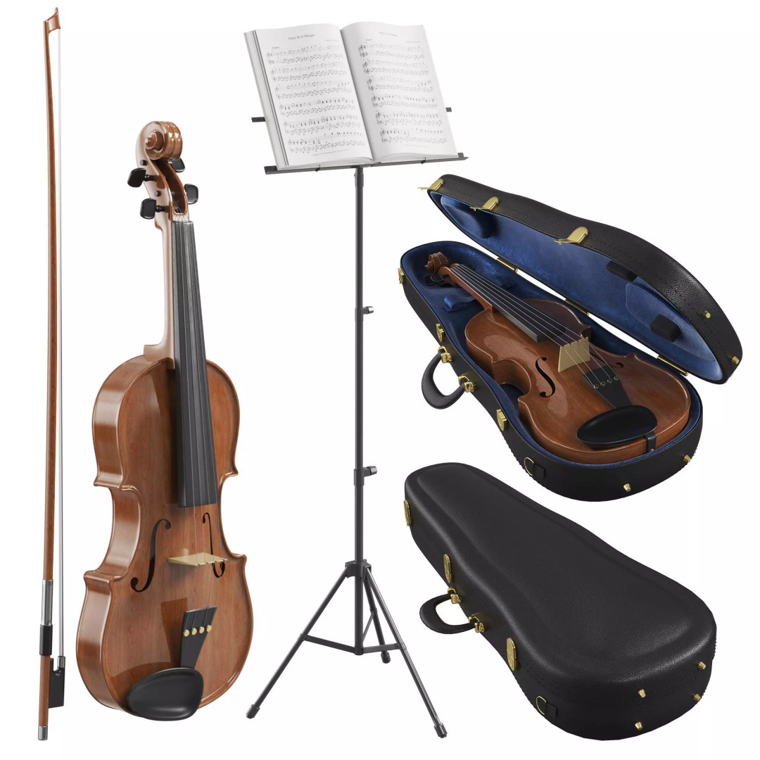 Violin 3D Model – Classic Design with Case and Bow, FBX, OBJ - View 2
