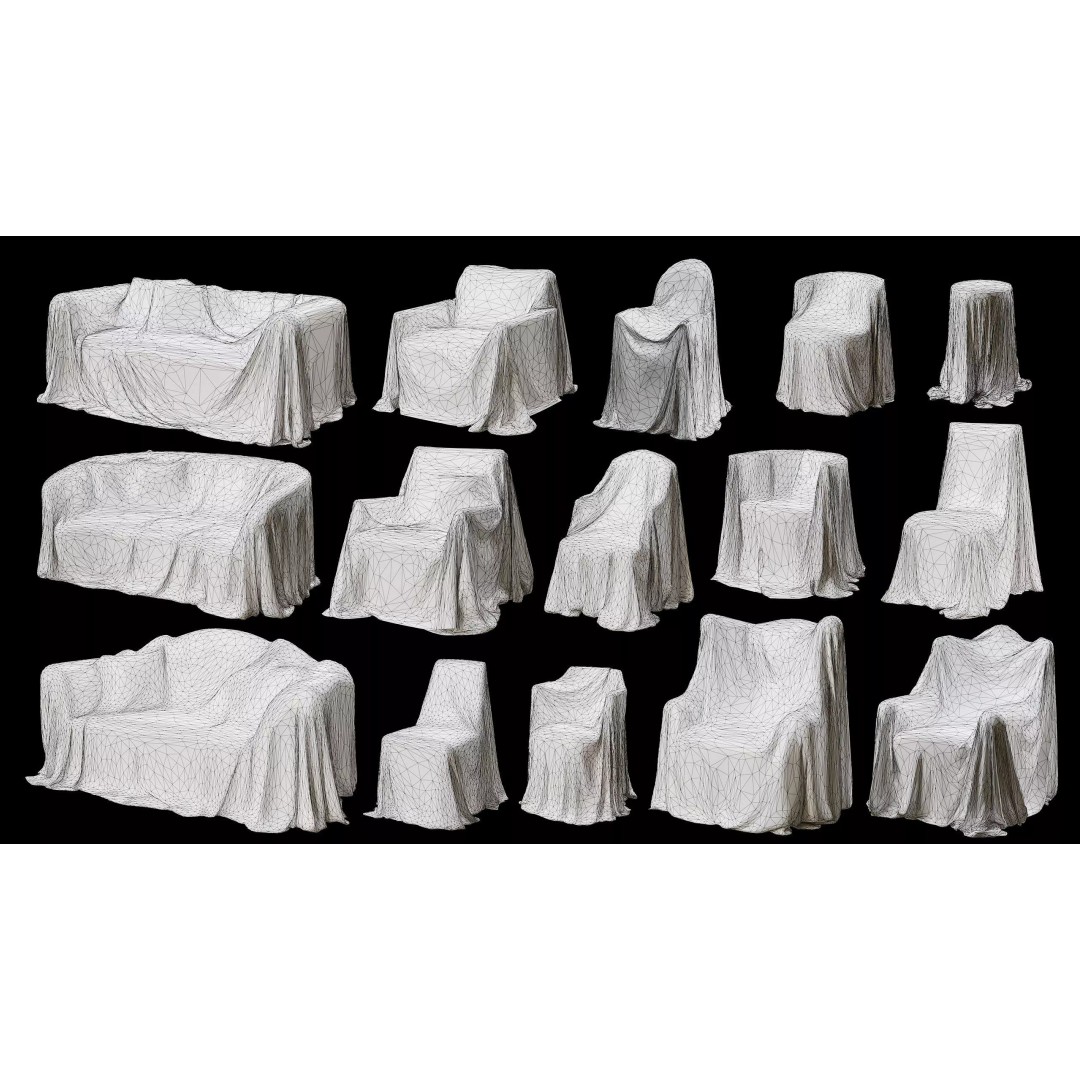 Covered Furniture Collection 3D Model – Low Poly Game Asset, FBX, OBJ - View 18