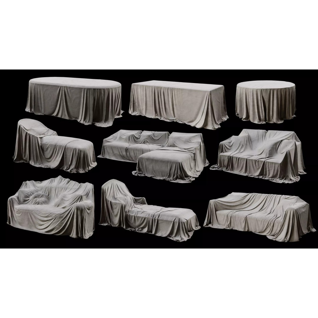 Covered Furniture Collection 3D Model – Low Poly Game Asset, FBX, OBJ - View 4