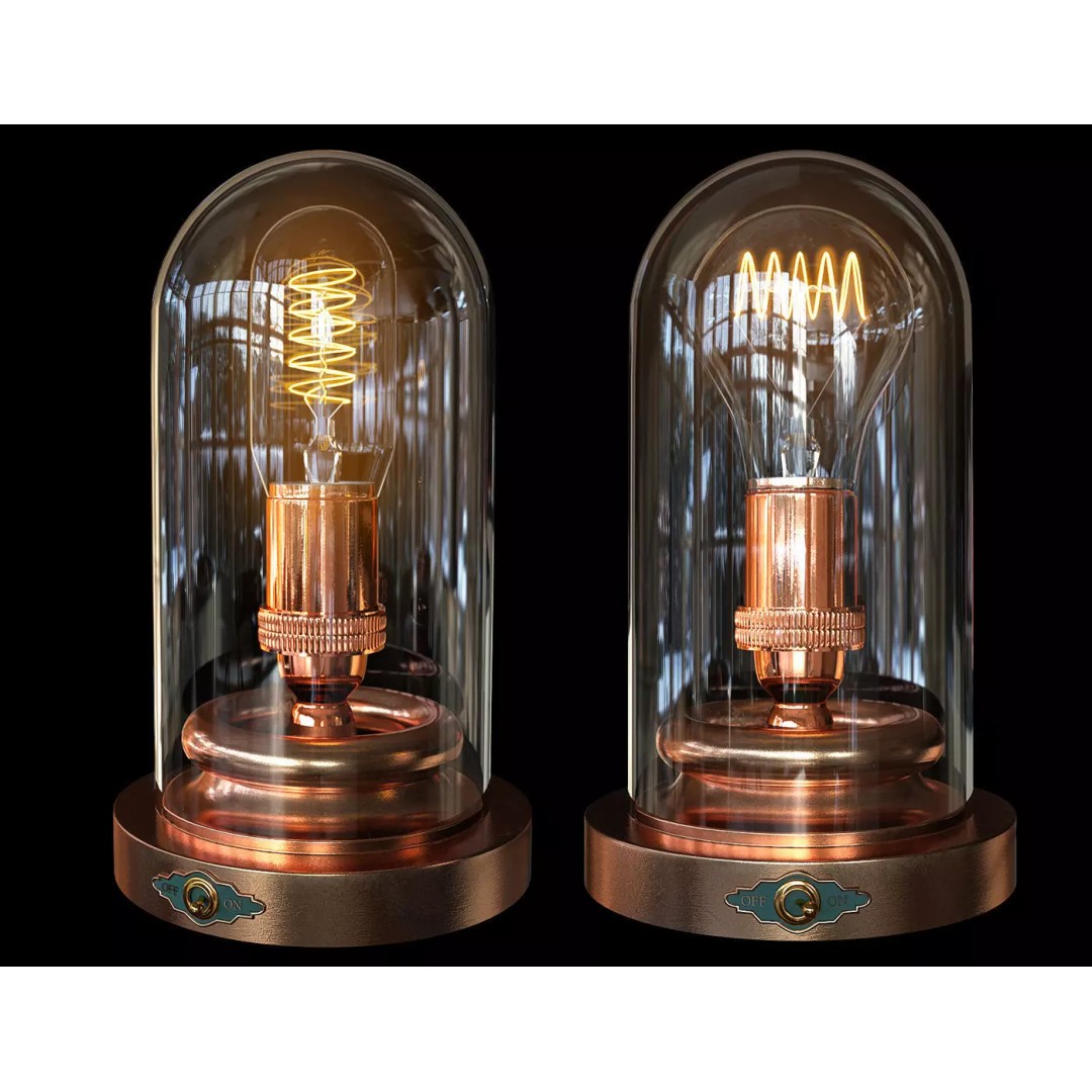 Steampunk Glass Dome 3D Model – Vintage Edison Lamp, FBX, OBJ - View 2