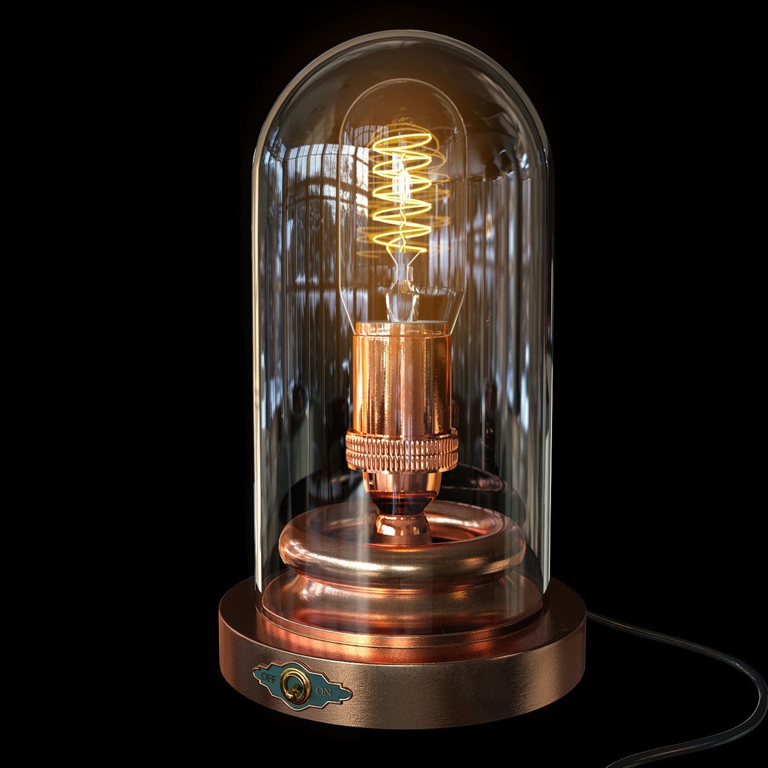 Steampunk Glass Dome 3D Model – Vintage Edison Lamp, FBX, OBJ - View 3