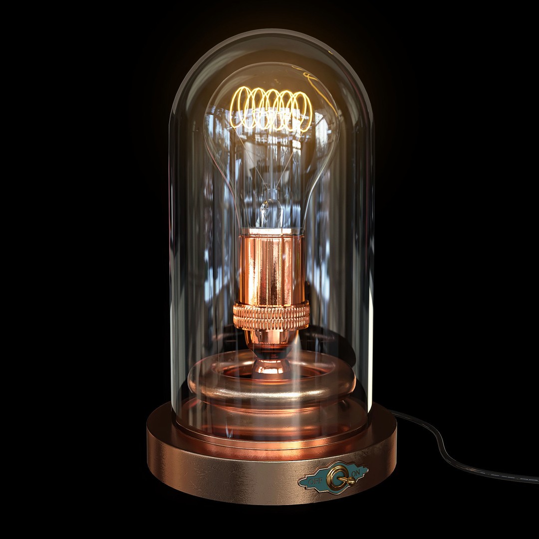 Steampunk Glass Dome 3D Model – Vintage Edison Lamp, FBX, OBJ - View 8