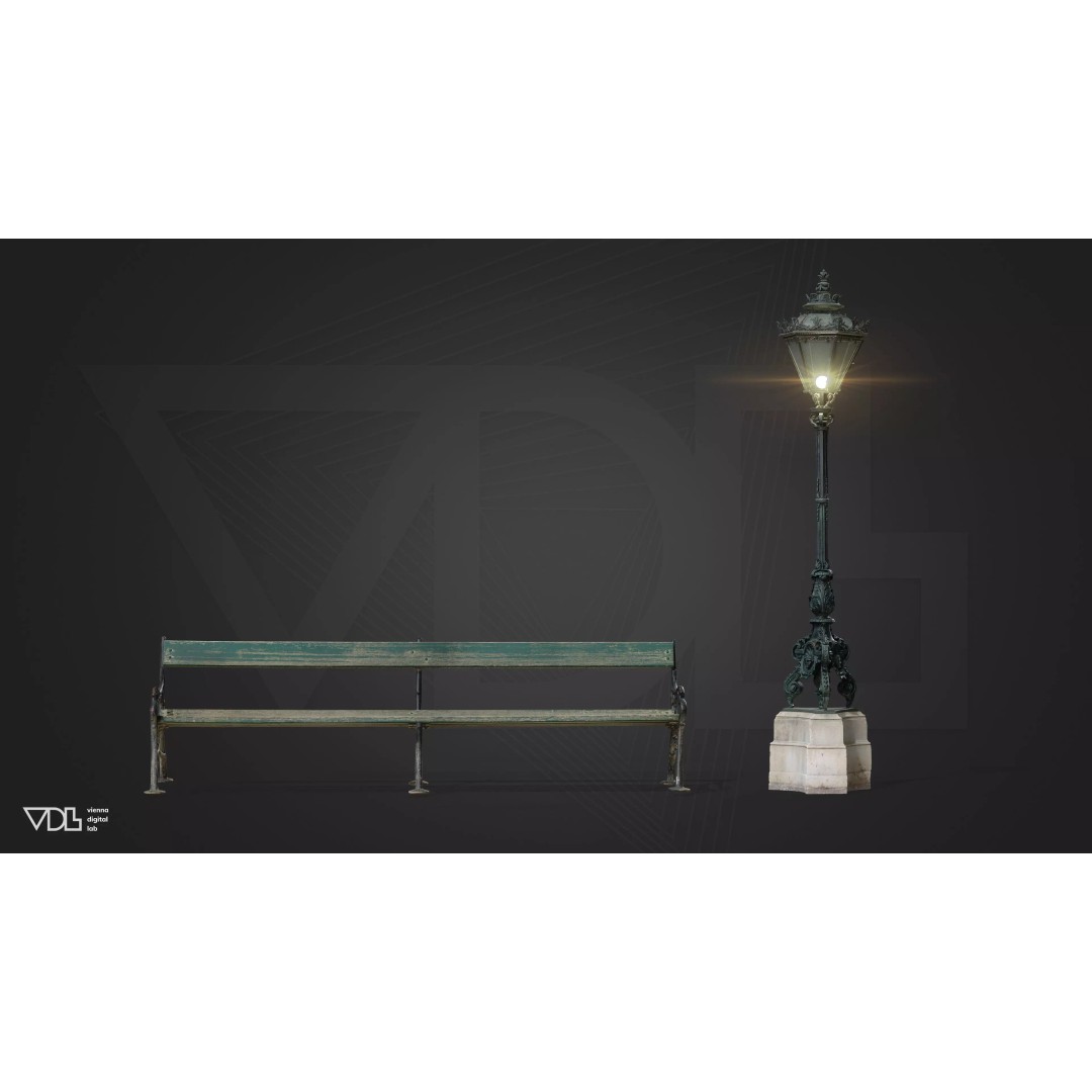 Imperial Street Lamp and Wooden Bench 3D Model – Low Poly PBR Outdoor Asset, FBX - View 2