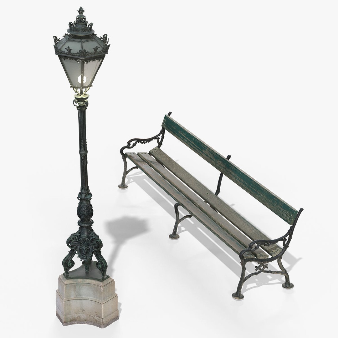 Imperial Street Lamp and Wooden Bench 3D Model – Low Poly PBR Outdoor Asset, FBX - View 3