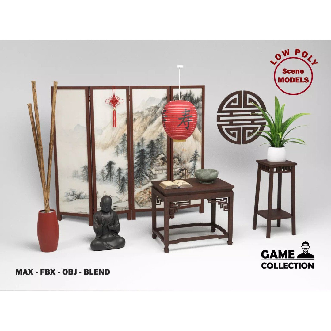 Chinese Props 3D Model – Low Poly Furniture for Games, FBX & OBJ - View 2