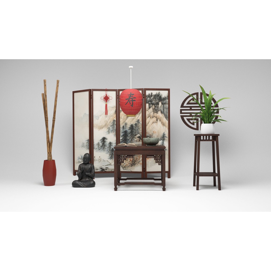 Chinese Props 3D Model – Low Poly Furniture for Games, FBX & OBJ - View 3