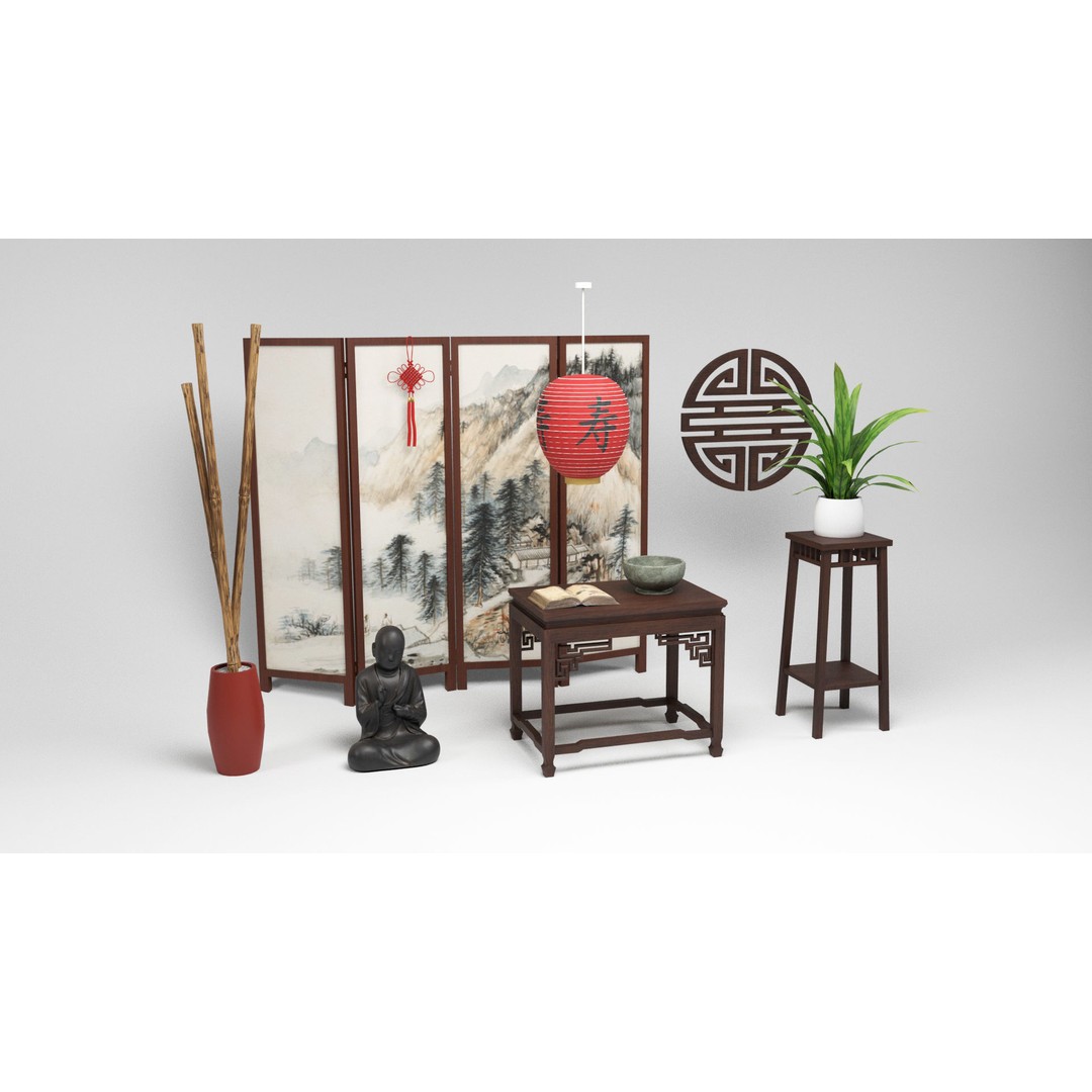 Chinese Props 3D Model – Low Poly Furniture for Games, FBX & OBJ - View 4