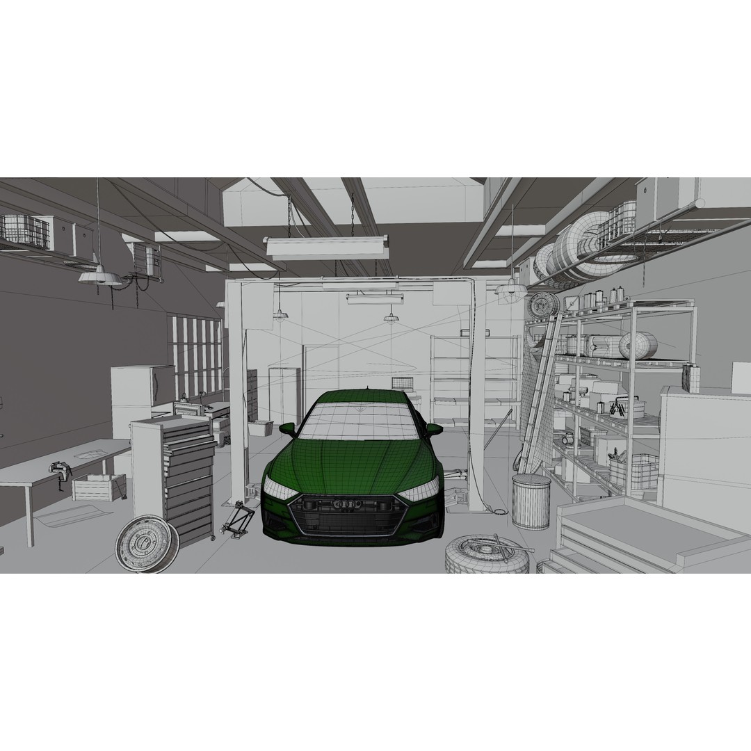 Auto Garage Workshop 3D Model – Low Poly Game Asset, PBR Textures
