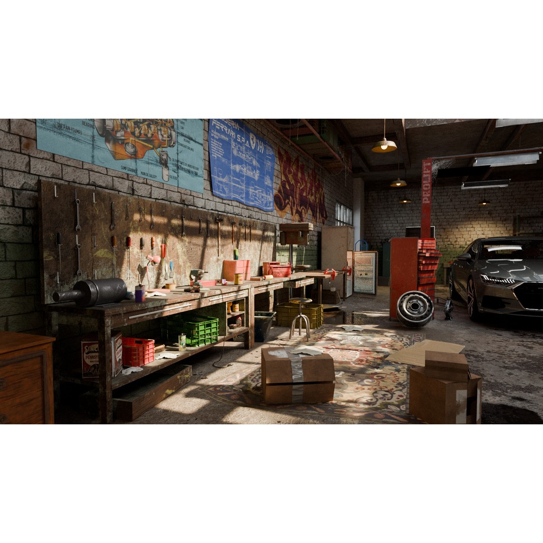 Auto Garage Workshop 3D Model – Low Poly Game Asset, PBR Textures - View 5